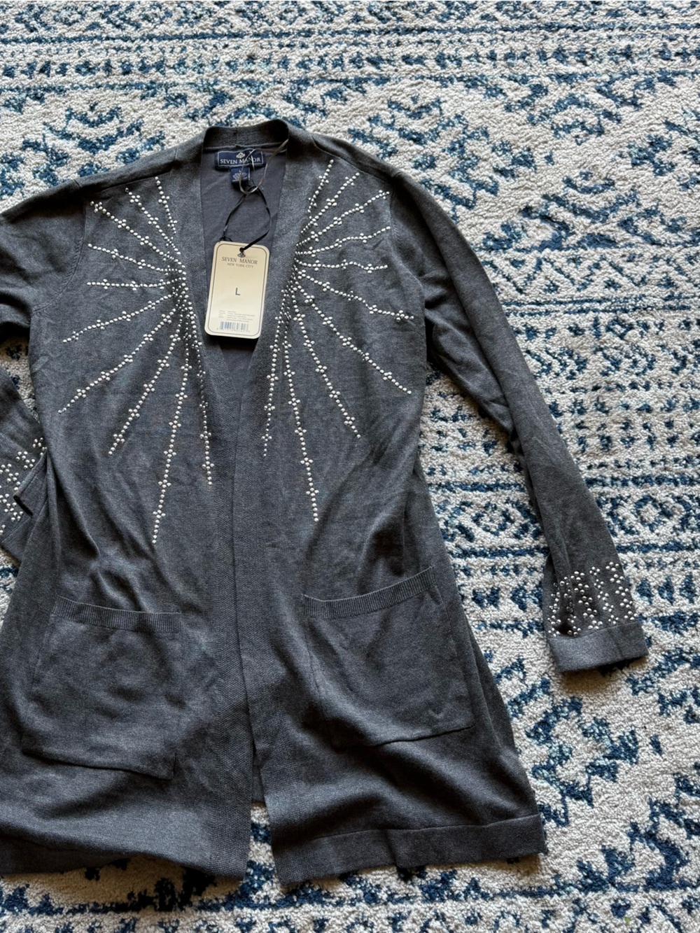 Women's Gray Pearl-Embellished Open Cardigan